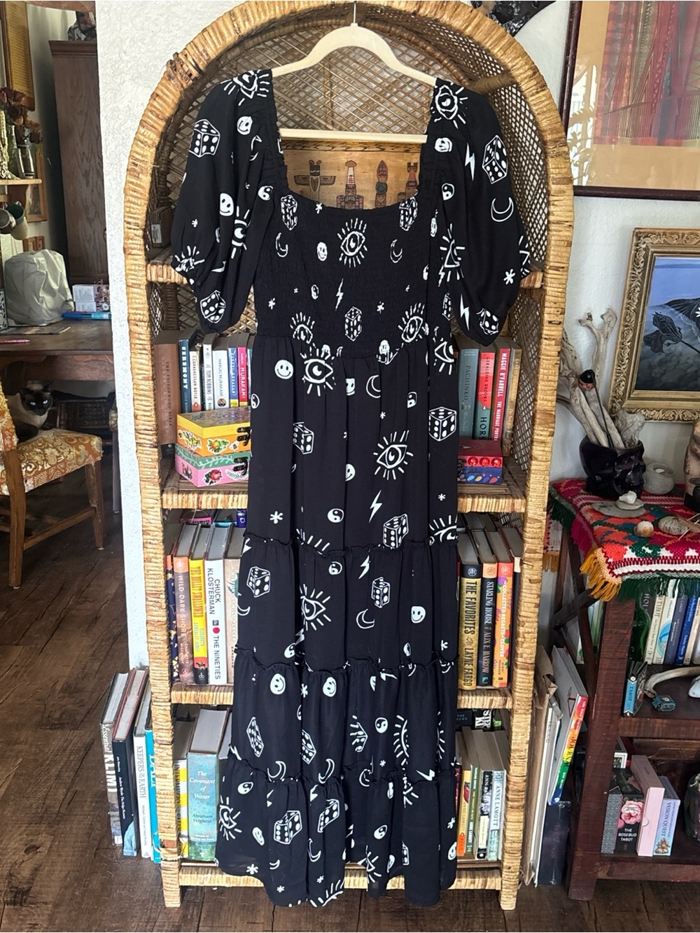 Dressed in Lala Smocked Bodice Black Maxi Dress with White Celestial Print
